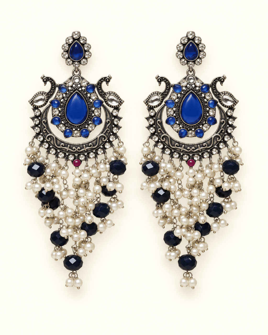 Oxidised Silver-Tone Peacock Chandbali Earrings with Bead Drops