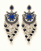 Oxidised Silver-Tone Peacock Chandbali Earrings with Bead Drops