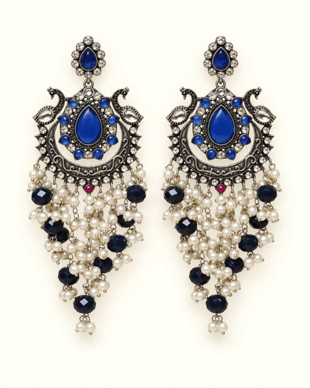 Oxidised Silver-Tone Peacock Chandbali Earrings with Bead Drops