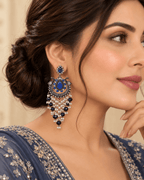 Oxidised Silver-Tone Peacock Chandbali Earrings with Bead Drops
