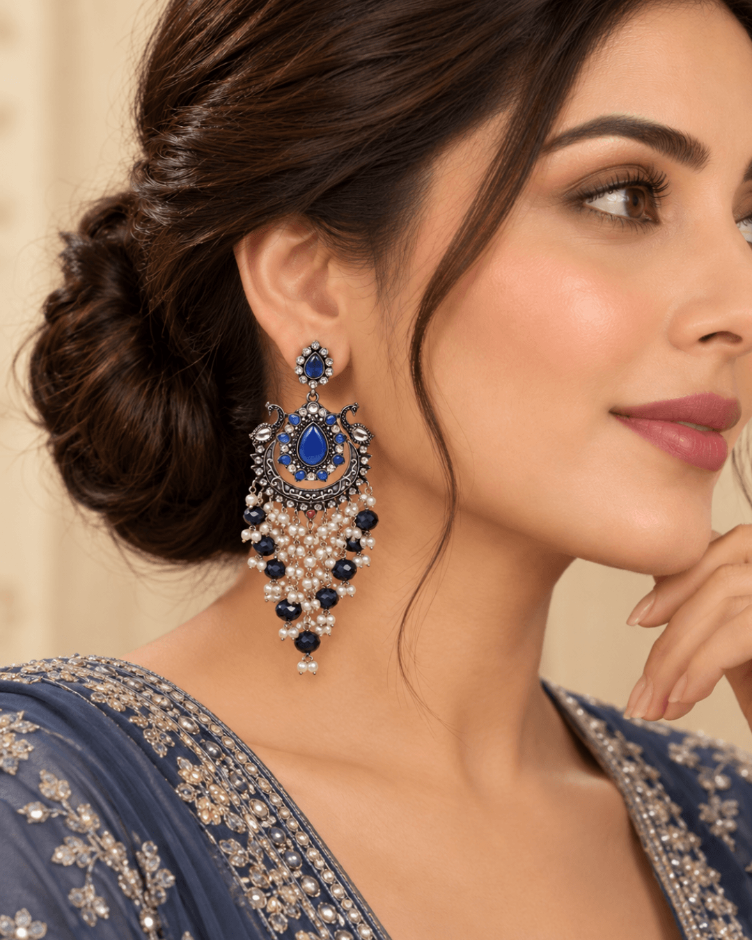 Oxidised Silver-Tone Peacock Chandbali Earrings with Bead Drops