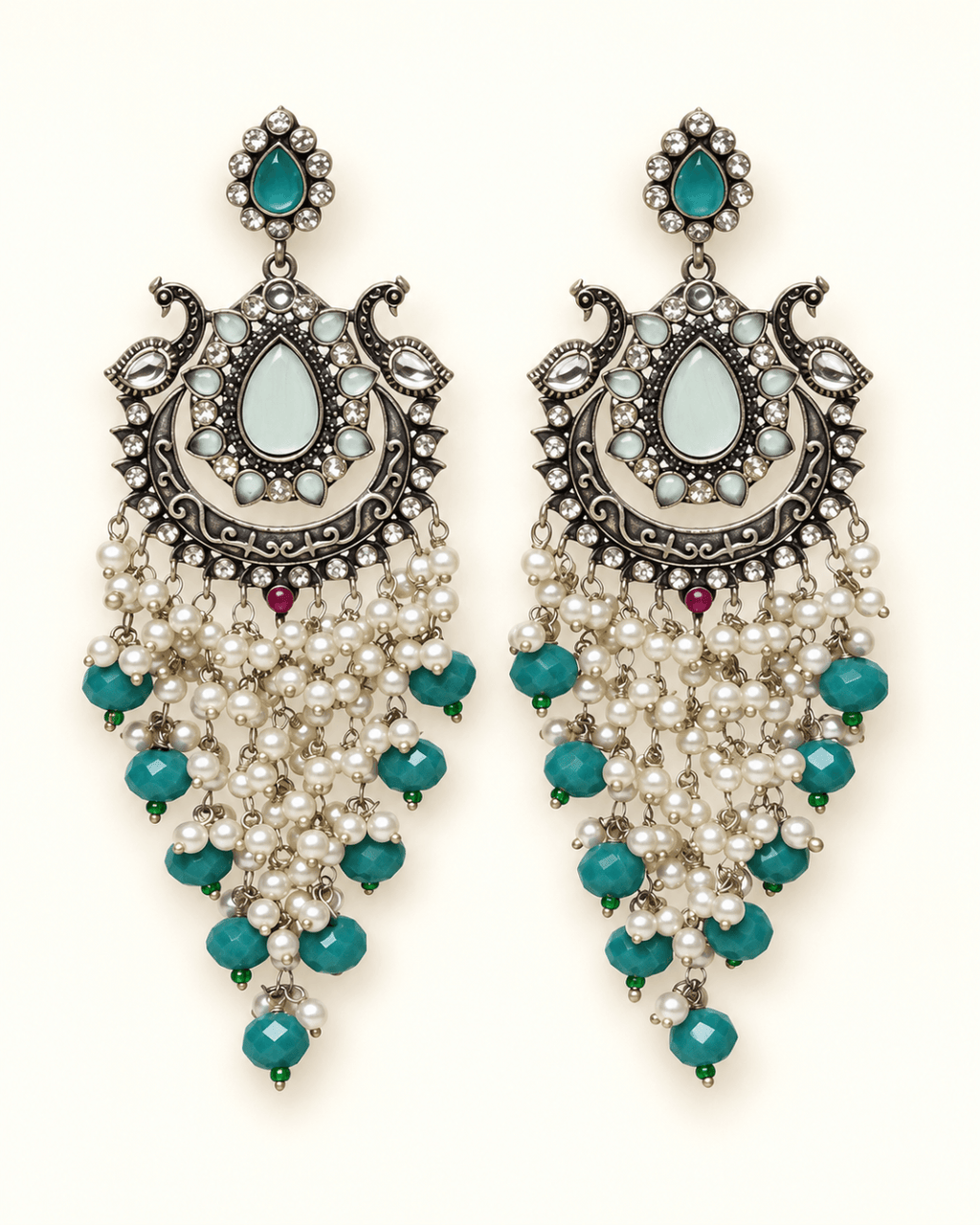 Oxidised Silver-Tone Peacock Chandbali Earrings with Bead Drops