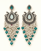Oxidised Silver-Tone Peacock Chandbali Earrings with Bead Drops