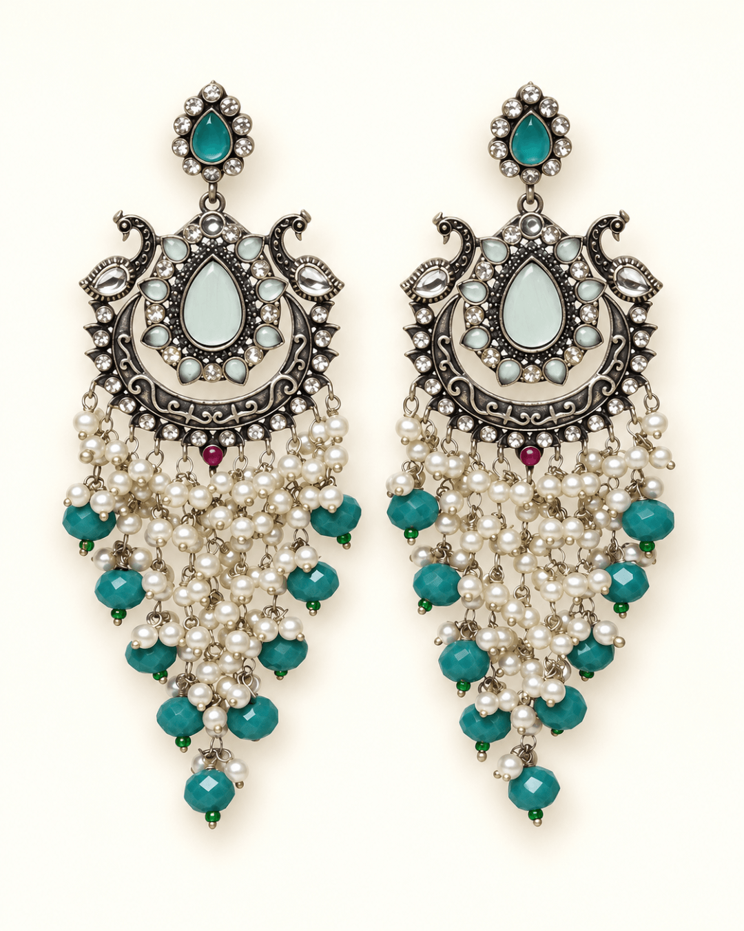 Oxidised Silver-Tone Peacock Chandbali Earrings with Bead Drops