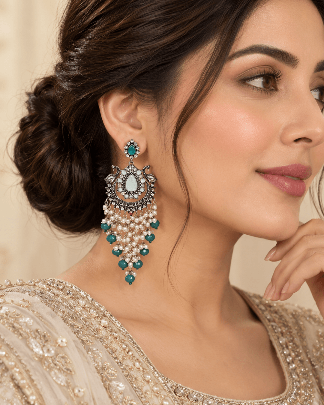 Oxidised Silver-Tone Peacock Chandbali Earrings with Bead Drops