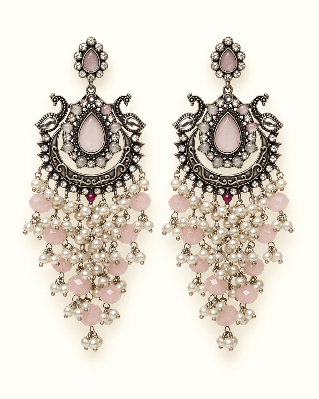 Oxidised Silver-Tone Peacock Chandbali Earrings with Bead Drops