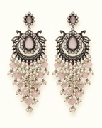 Oxidised Silver-Tone Peacock Chandbali Earrings with Bead Drops