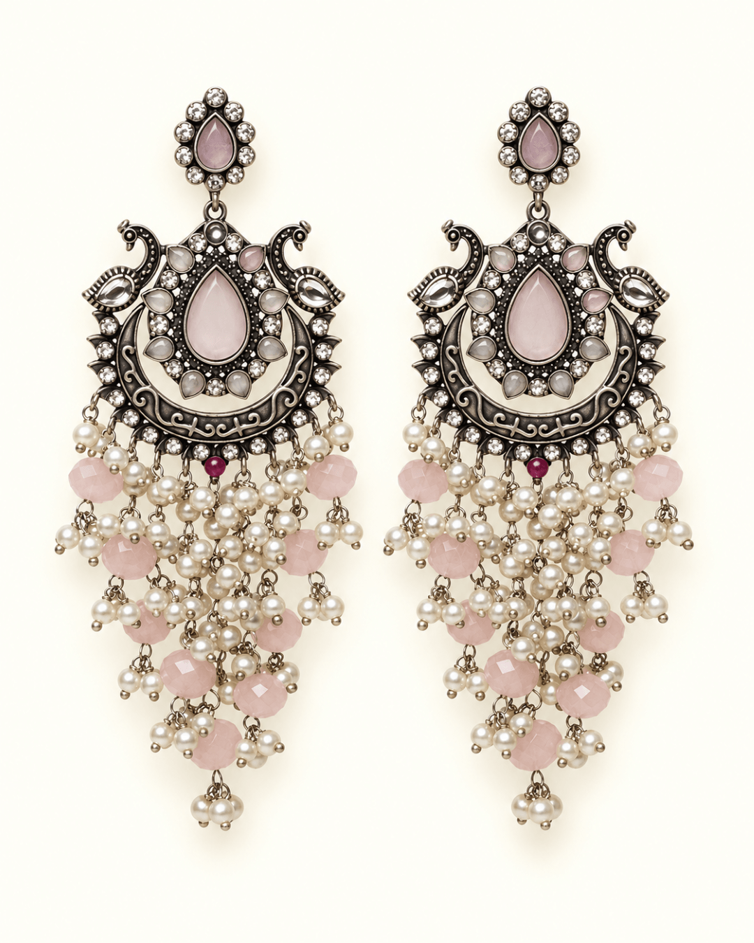 Oxidised Silver-Tone Peacock Chandbali Earrings with Bead Drops