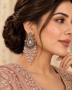 Oxidised Silver-Tone Peacock Chandbali Earrings with Bead Drops
