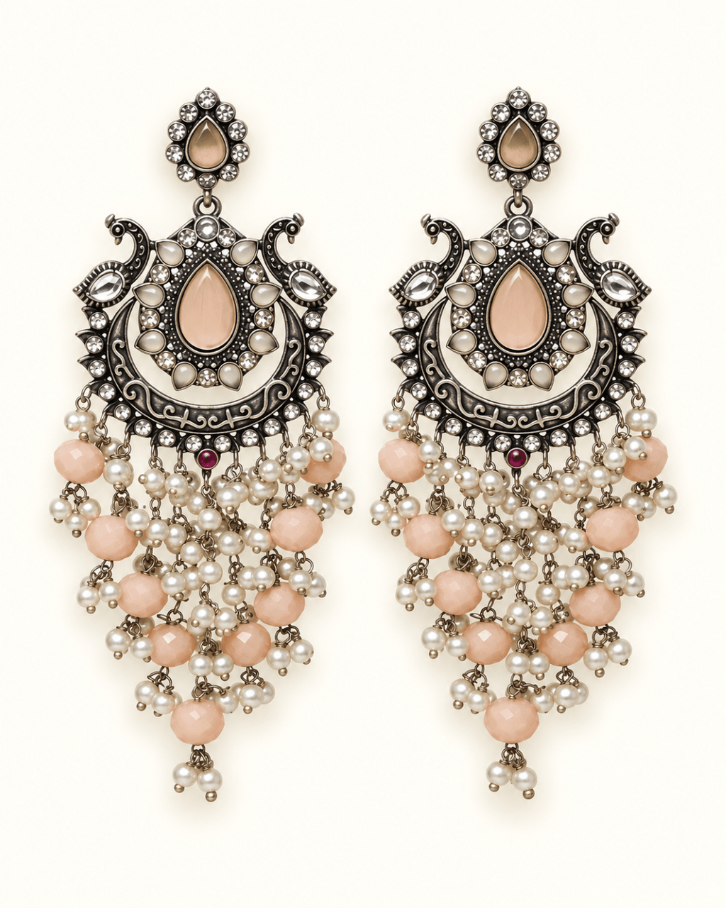 Oxidised Silver-Tone Peacock Chandbali Earrings with Bead Drops