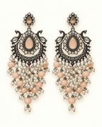 Oxidised Silver-Tone Peacock Chandbali Earrings with Bead Drops