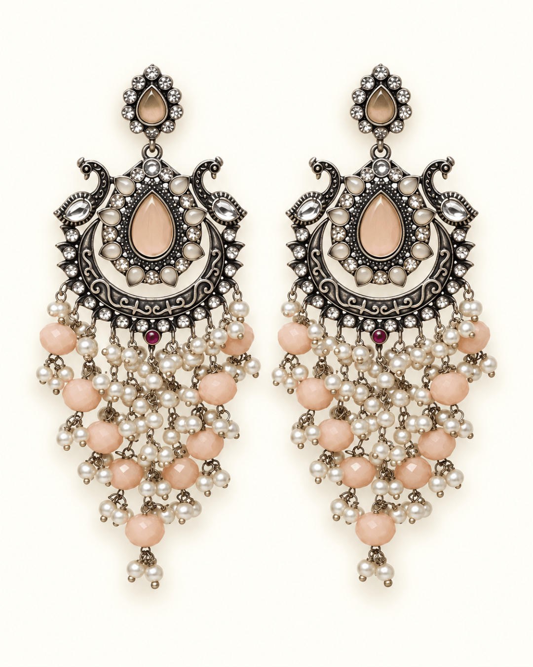 Oxidised Silver-Tone Peacock Chandbali Earrings with Bead Drops