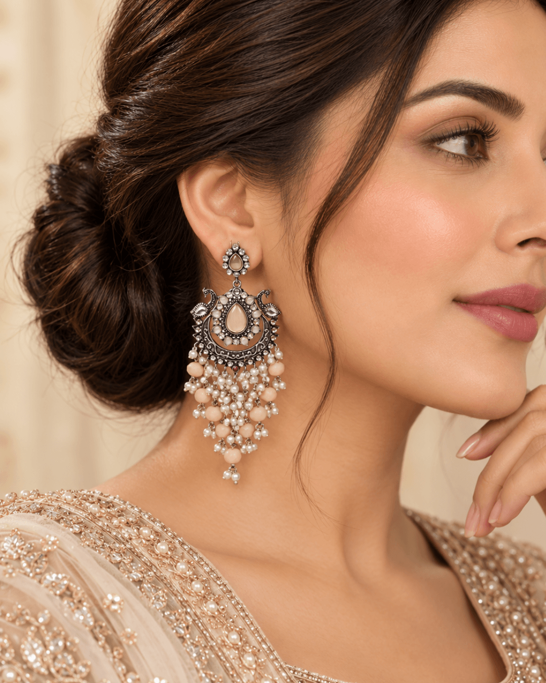 Oxidised Silver-Tone Peacock Chandbali Earrings with Bead Drops