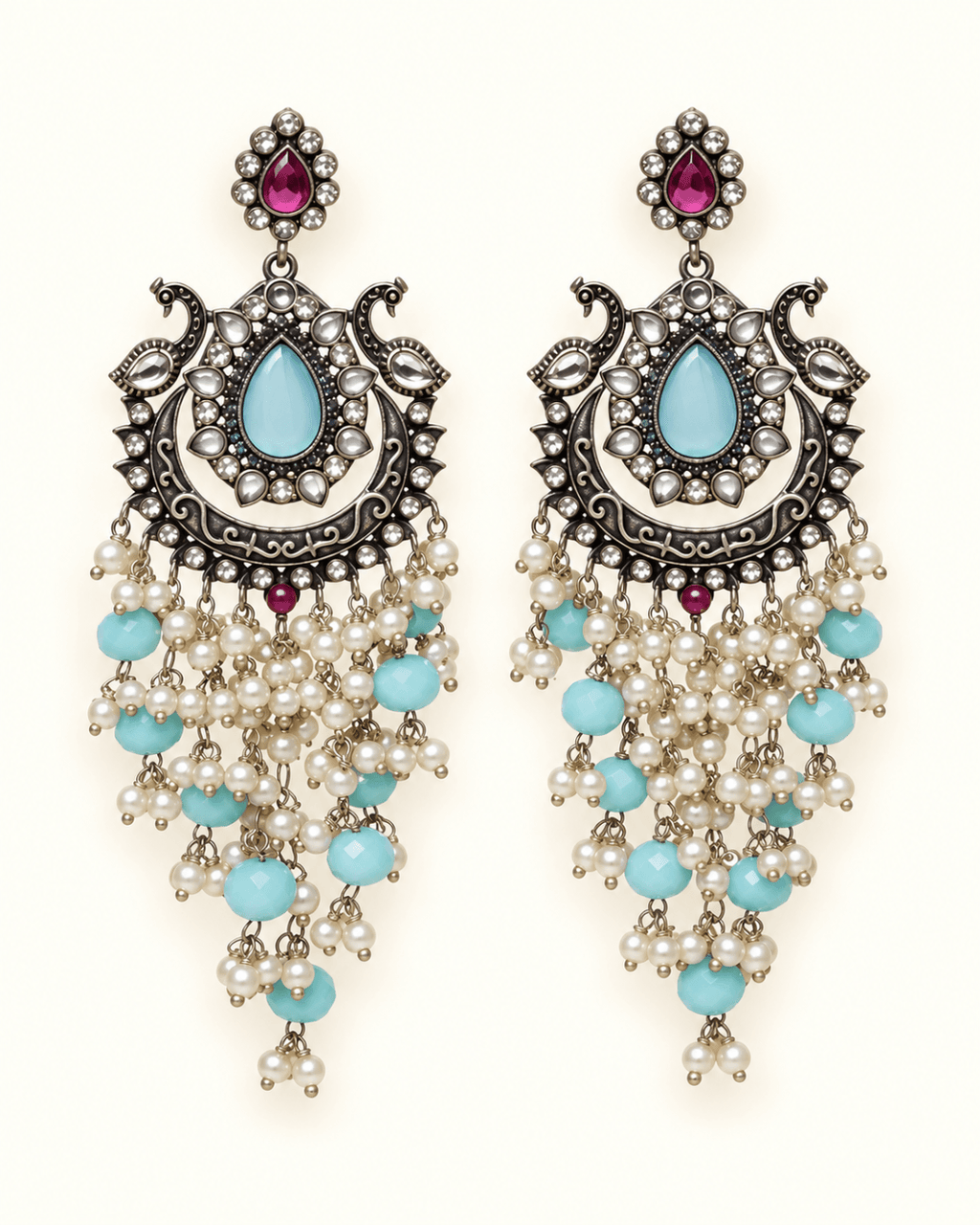 Oxidised Silver-Tone Peacock Chandbali Earrings with Bead Drops