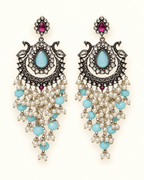 Oxidised Silver-Tone Peacock Chandbali Earrings with Bead Drops