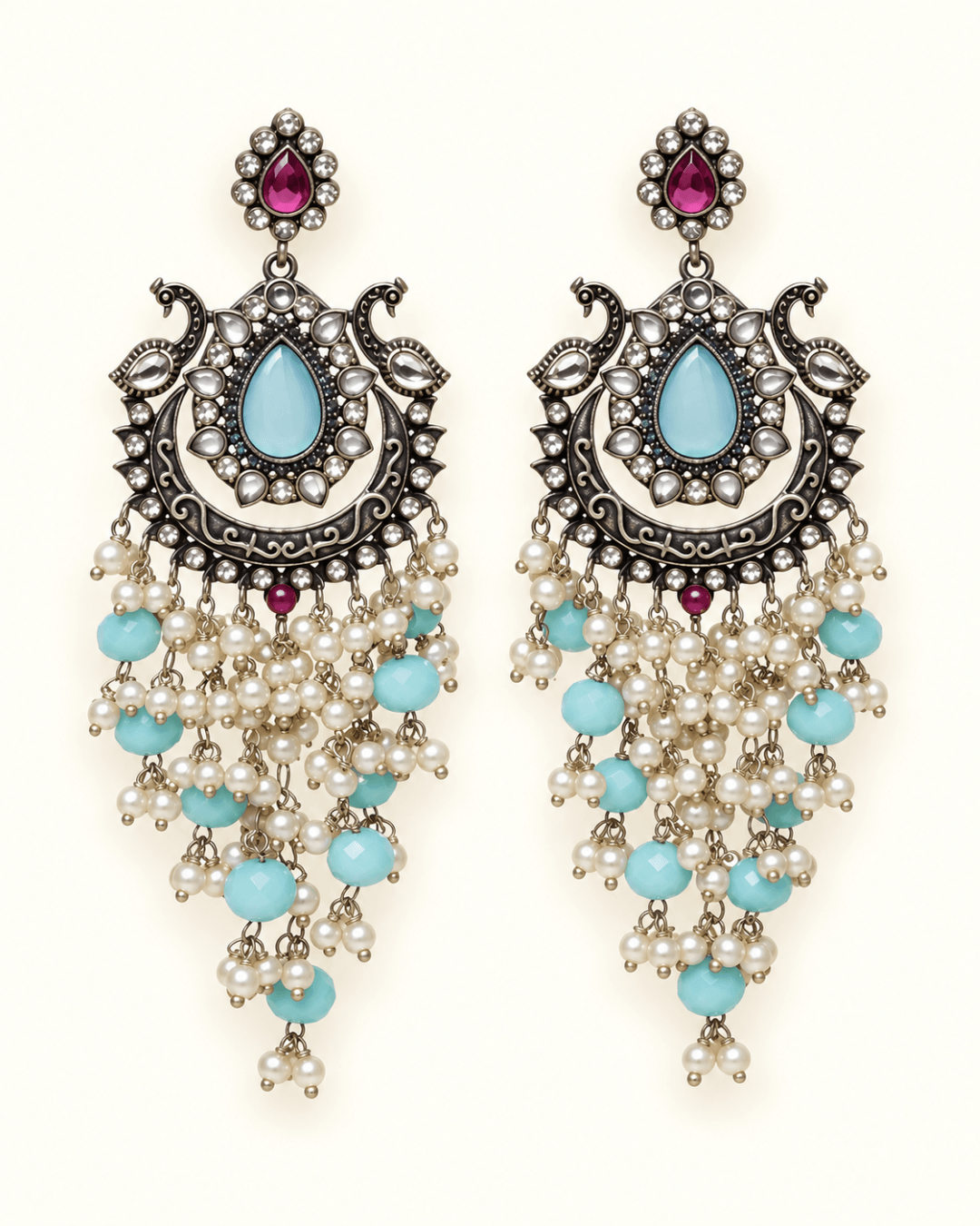 Oxidised Silver-Tone Peacock Chandbali Earrings with Bead Drops