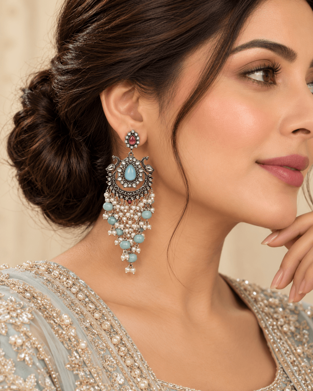 Oxidised Silver-Tone Peacock Chandbali Earrings with Bead Drops