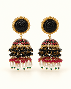 Gold-Tone Meenakari-Style Jhumka Earrings with Bead Tassels