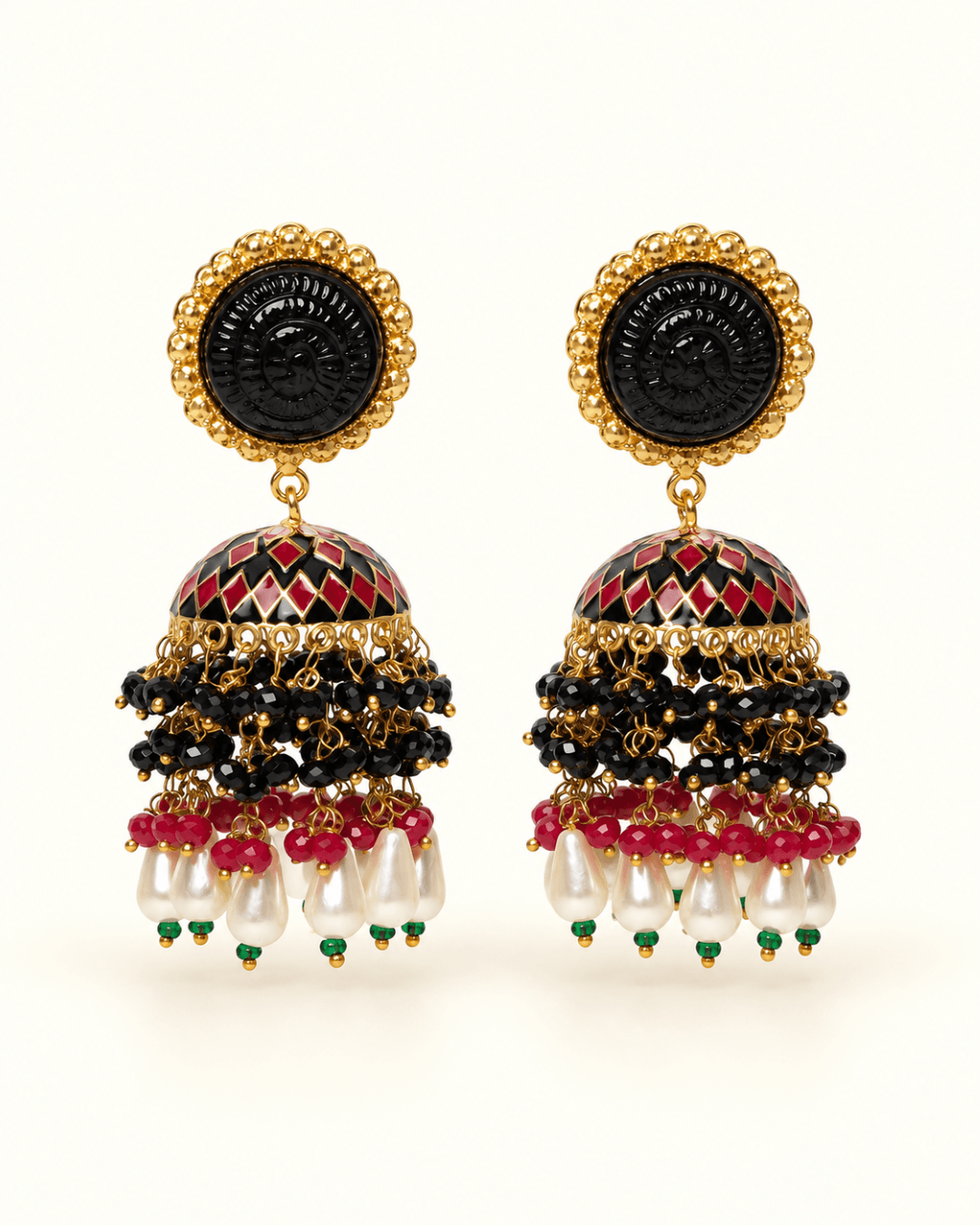 Gold-Tone Meenakari-Style Jhumka Earrings with Bead Tassels