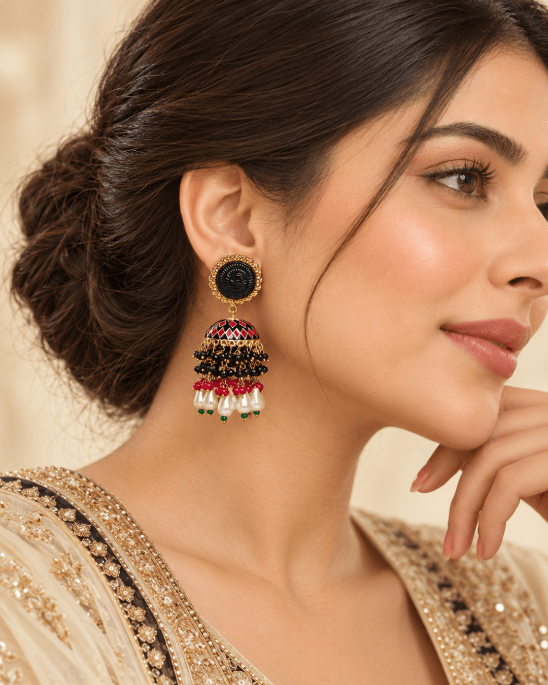 Gold-Tone Meenakari-Style Jhumka Earrings with Bead Tassels