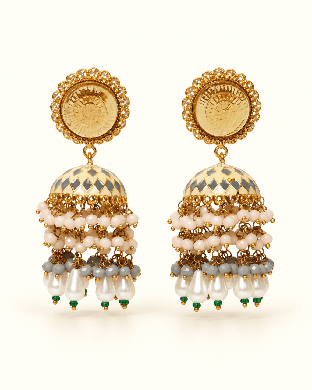 Gold-Tone Meenakari-Style Jhumka Earrings with Bead Tassels