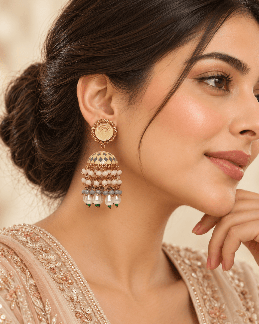 Gold-Tone Meenakari-Style Jhumka Earrings with Bead Tassels