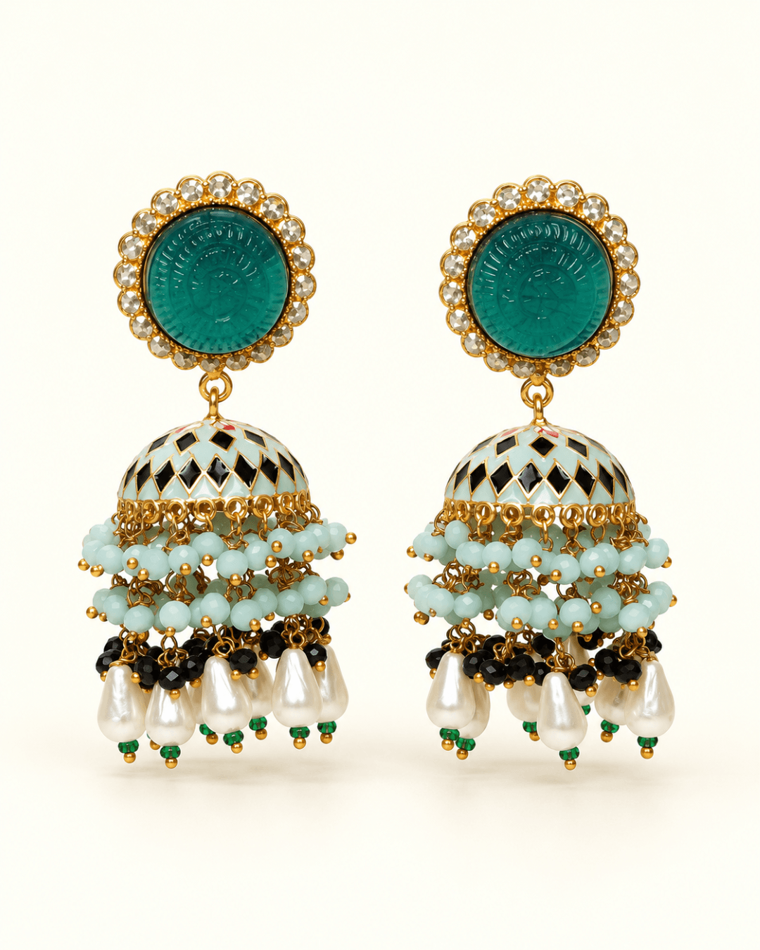 Gold-Tone Meenakari-Style Jhumka Earrings with Bead Tassels