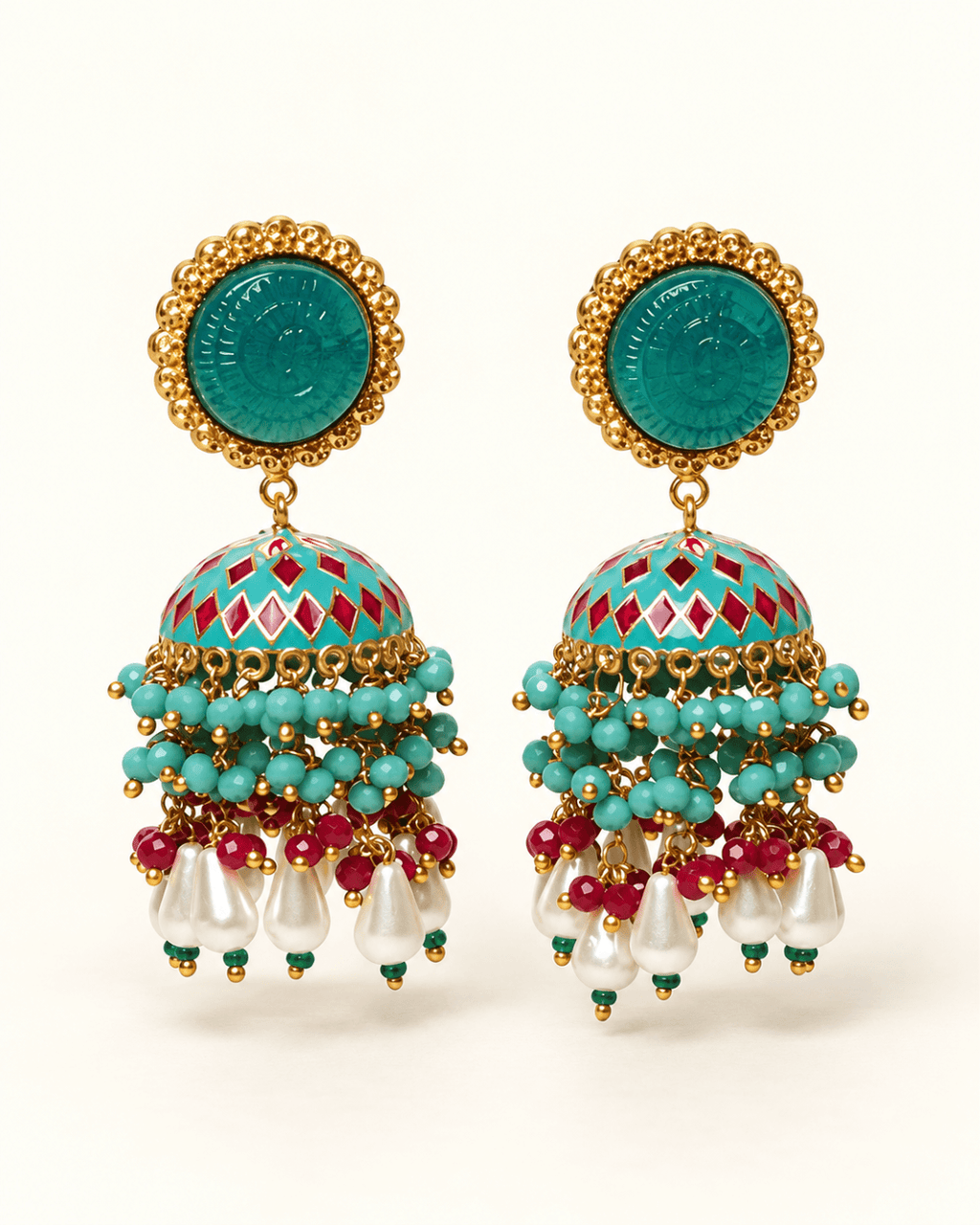 Gold-Tone Meenakari-Style Jhumka Earrings with Bead Tassels