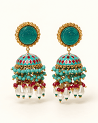 Gold-Tone Meenakari-Style Jhumka Earrings with Bead Tassels