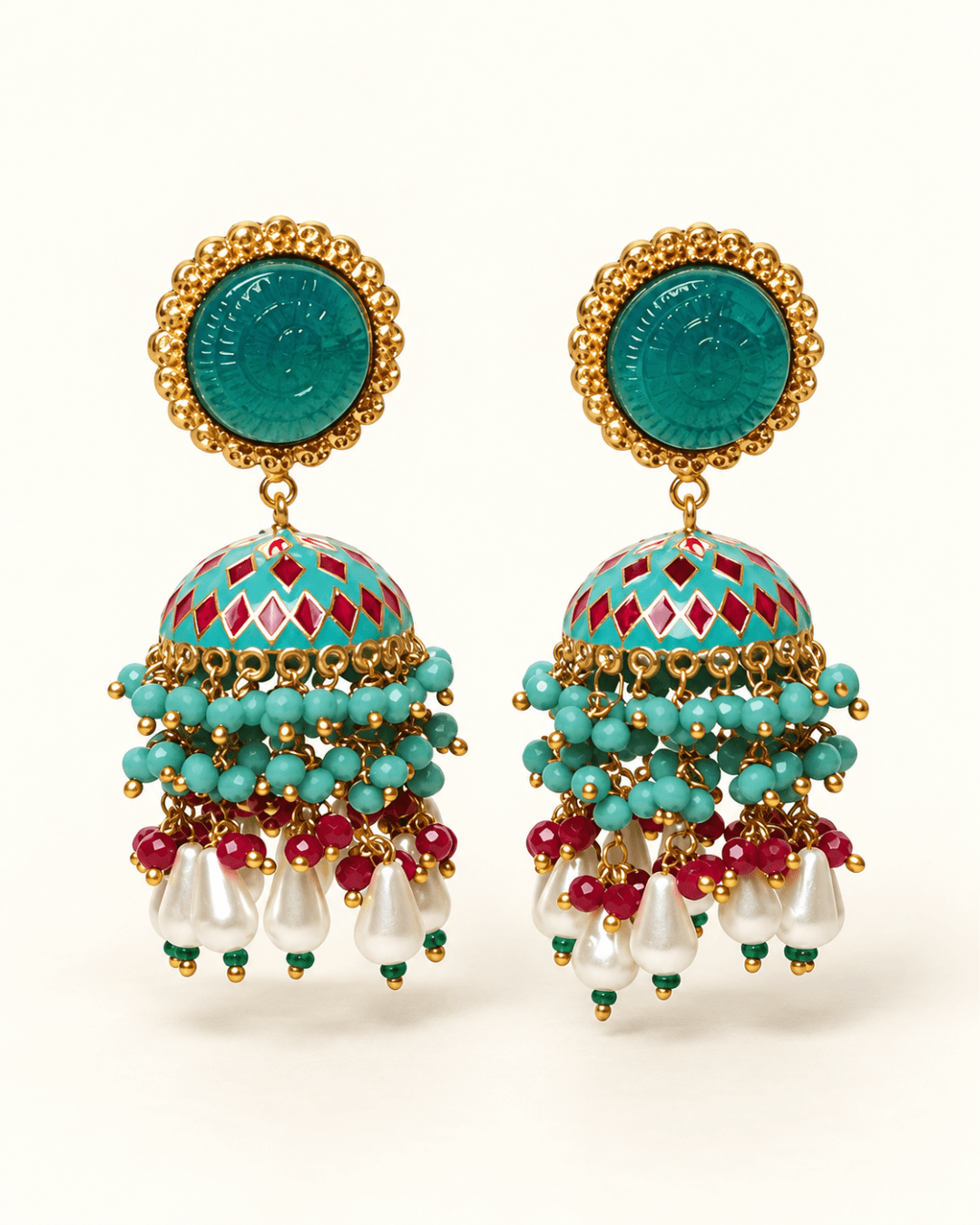 Gold-Tone Meenakari-Style Jhumka Earrings with Bead Tassels