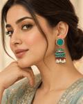 Gold-Tone Meenakari-Style Jhumka Earrings with Bead Tassels