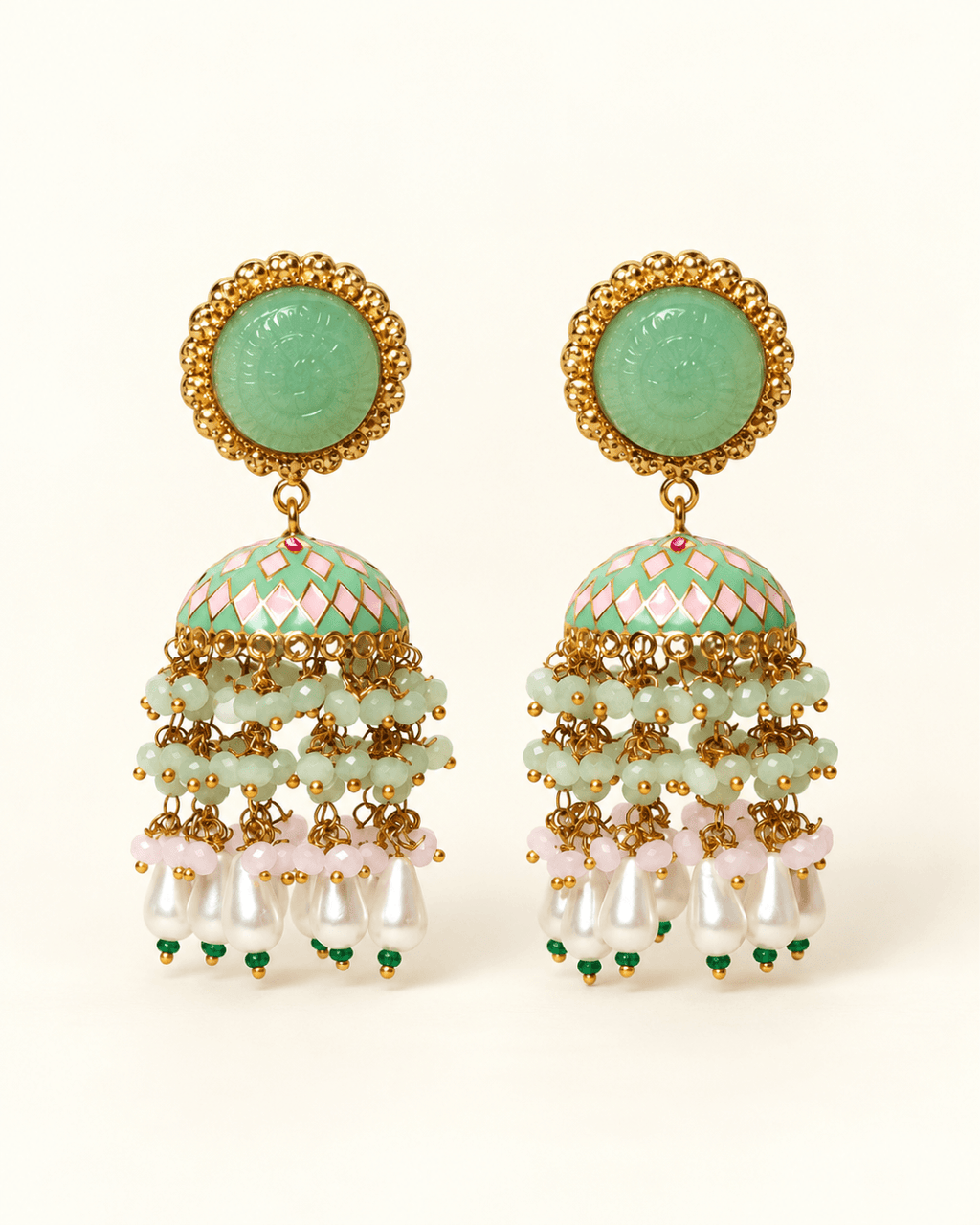 Gold-Tone Meenakari-Style Jhumka Earrings with Bead Tassels