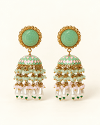 Gold-Tone Meenakari-Style Jhumka Earrings with Bead Tassels