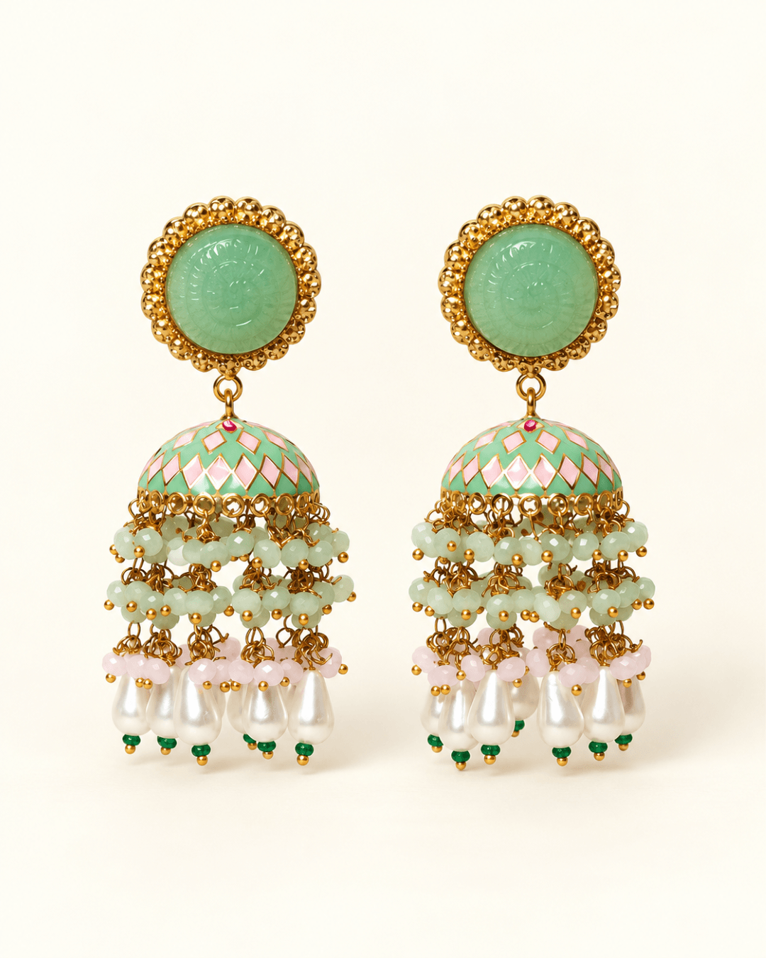 Gold-Tone Meenakari-Style Jhumka Earrings with Bead Tassels