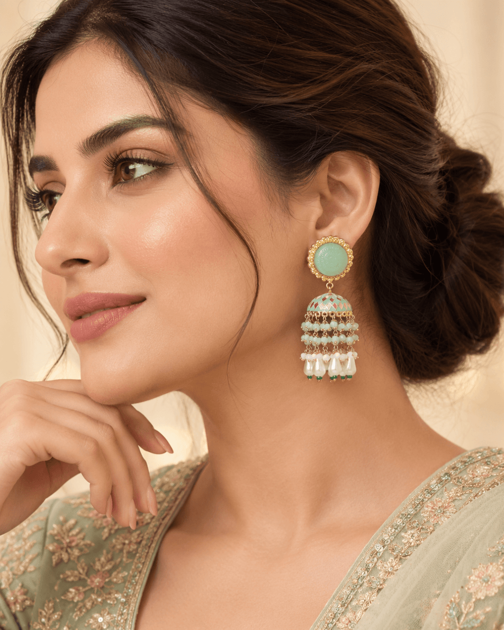 Gold-Tone Meenakari-Style Jhumka Earrings with Bead Tassels