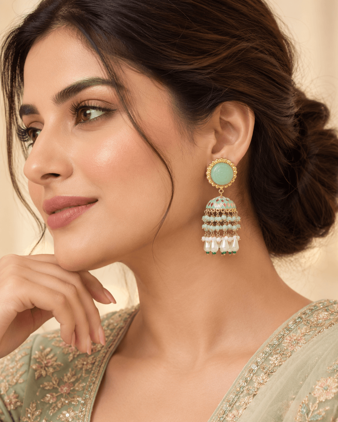 Gold-Tone Meenakari-Style Jhumka Earrings with Bead Tassels
