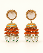 Gold-Tone Meenakari-Style Jhumka Earrings with Bead Tassels