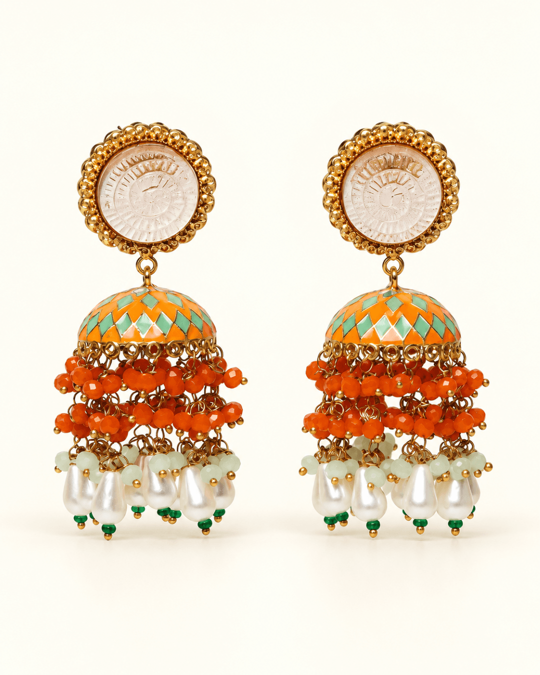 Gold-Tone Meenakari-Style Jhumka Earrings with Bead Tassels