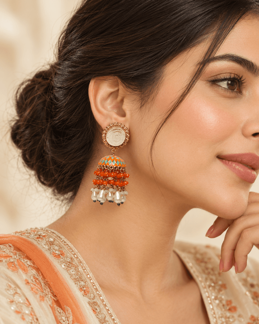 Gold-Tone Meenakari-Style Jhumka Earrings with Bead Tassels