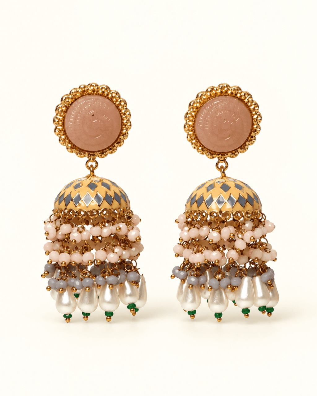 Gold-Tone Meenakari-Style Jhumka Earrings with Bead Tassels