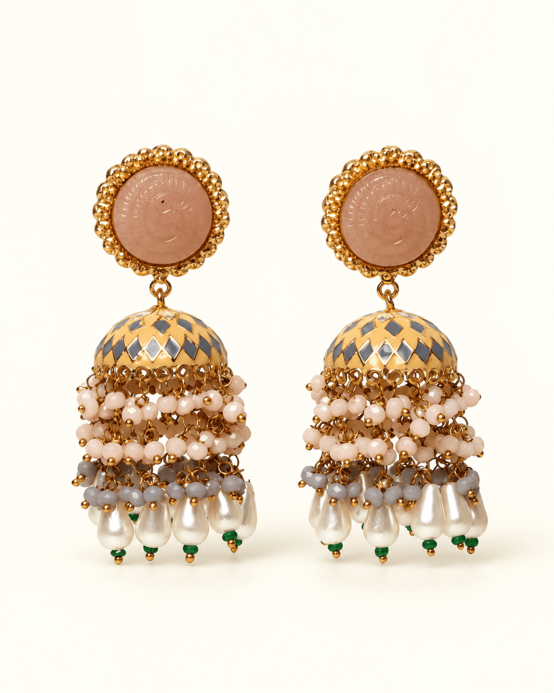 Gold-Tone Meenakari-Style Jhumka Earrings with Bead Tassels