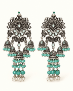 Oxidised Silver-Tone Multi Jhumka Earrings with Bead Tassels