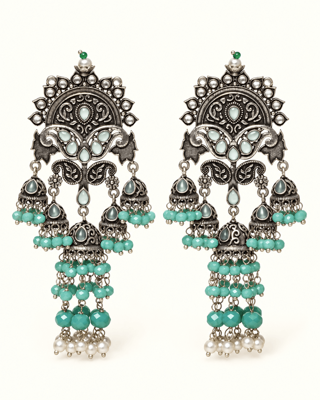 Oxidised Silver-Tone Multi Jhumka Earrings with Bead Tassels