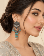 Oxidised Silver-Tone Multi Jhumka Earrings with Bead Tassels