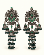 Oxidised Silver-Tone Multi Jhumka Earrings with Bead Tassels