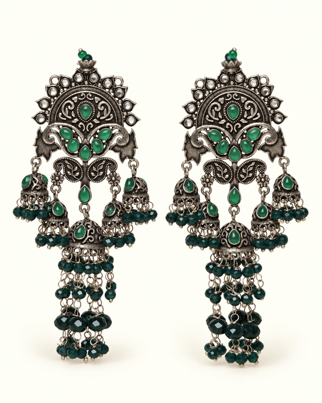 Oxidised Silver-Tone Multi Jhumka Earrings with Bead Tassels