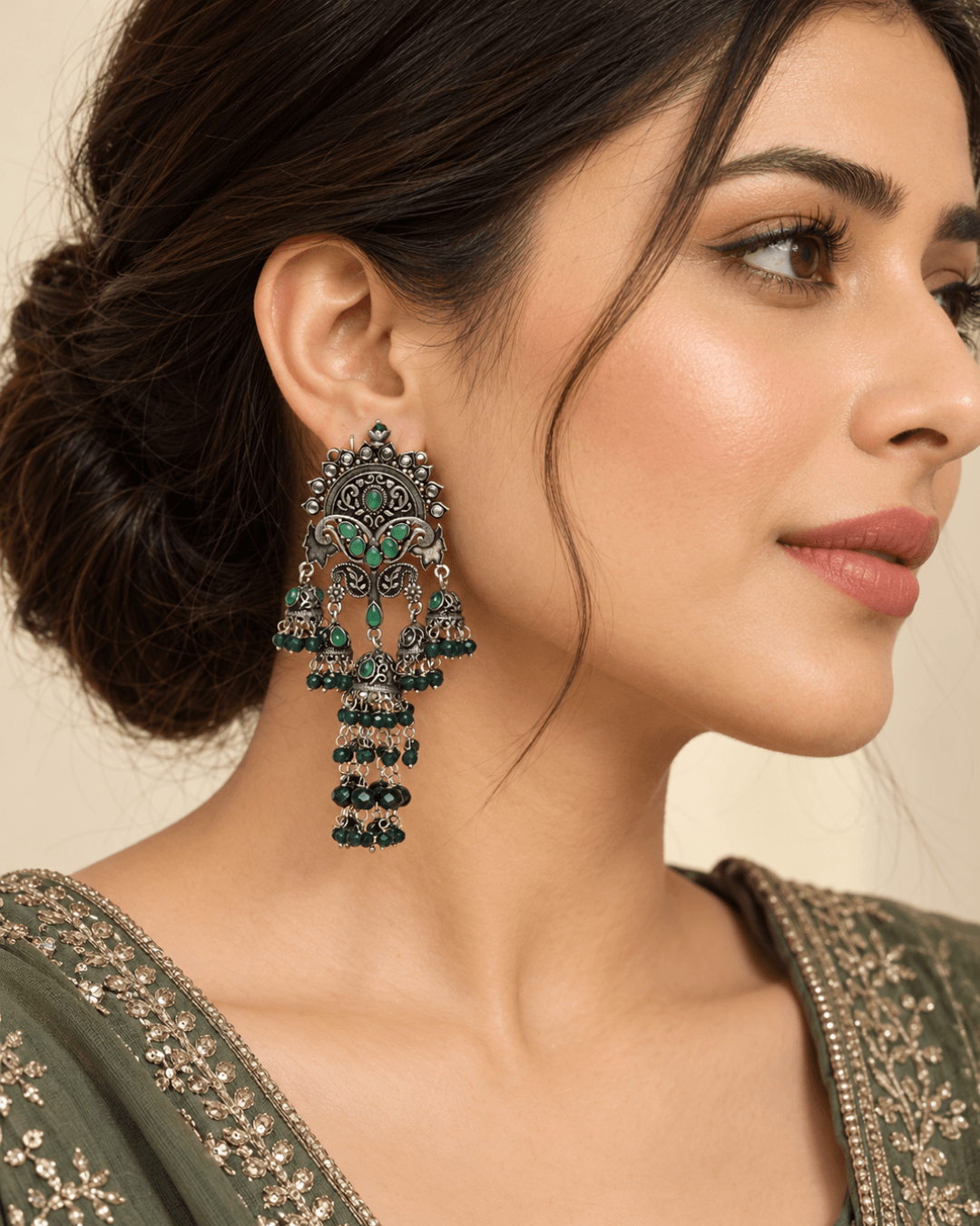 Oxidised Silver-Tone Multi Jhumka Earrings with Bead Tassels