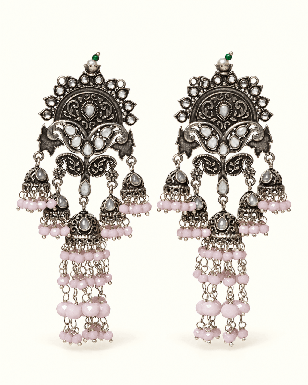 Oxidised Silver-Tone Multi Jhumka Earrings with Bead Tassels