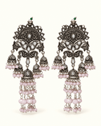 Oxidised Silver-Tone Multi Jhumka Earrings with Bead Tassels