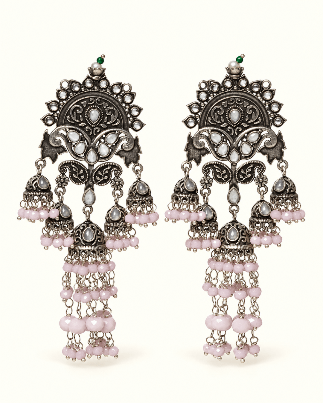 Oxidised Silver-Tone Multi Jhumka Earrings with Bead Tassels